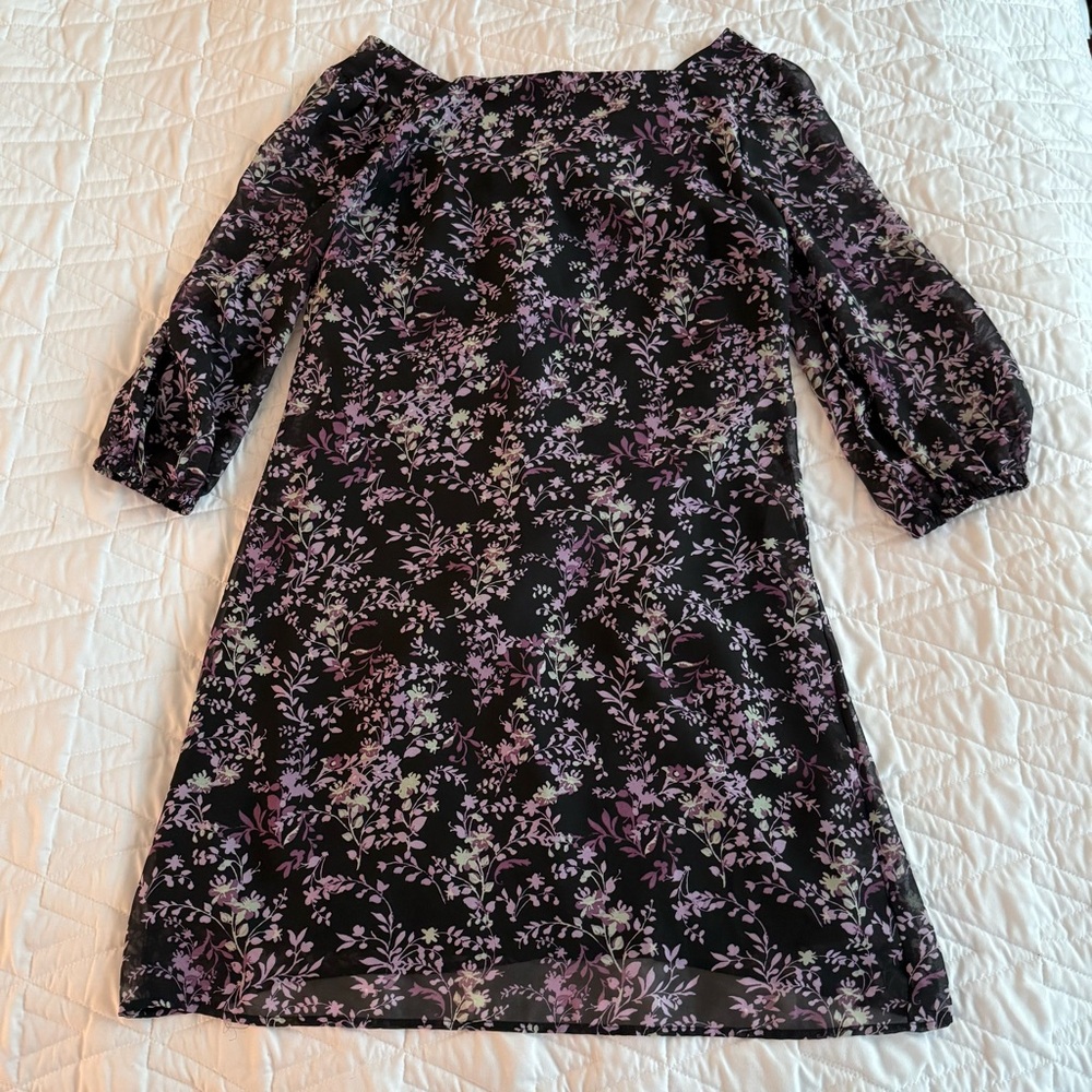New York & Company Black Floral Mini Dress with Purple and Green Accents